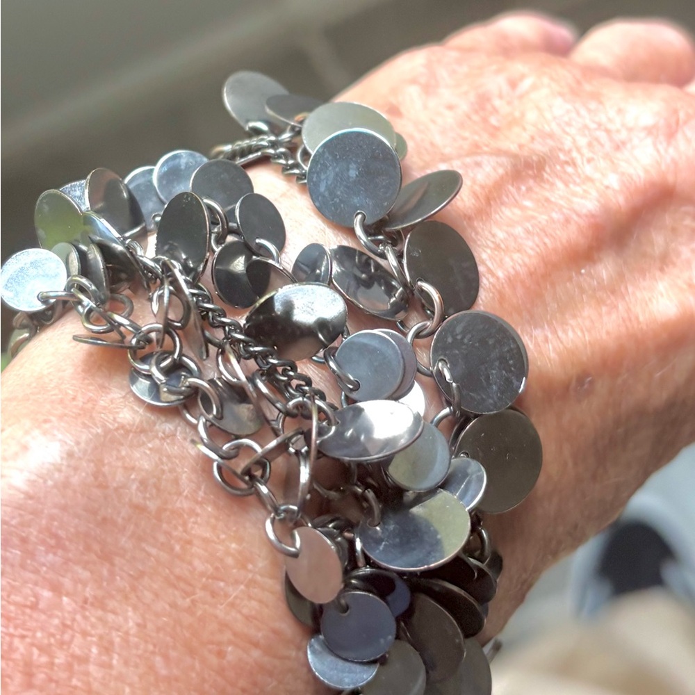 Boho Vintage Kenneth J Lane Bangle Silver Disc Chain Bracelet with Toggle Clasp